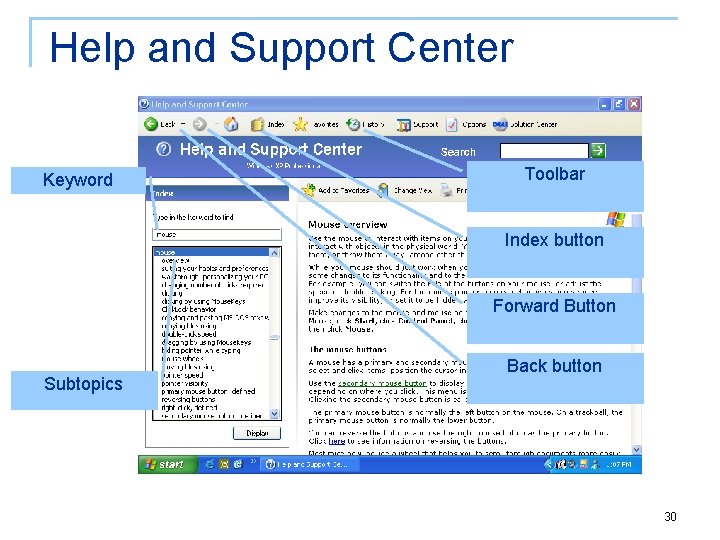 Help and Support Center Keyword Toolbar Index button Forward Button Subtopics Back button 30