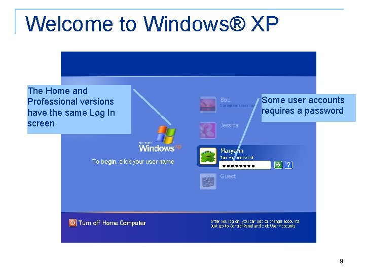 Welcome to Windows® XP The Home and Professional versions have the same Log In