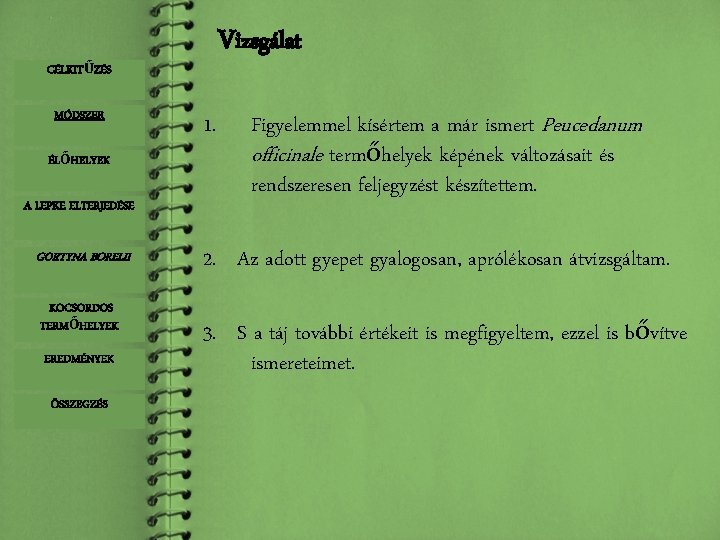 Vizsgálat CÉLKITŰZÉS MÓDSZER ÉLŐHELYEK A LEPKE ELTERJEDÉSE GORTYNA BORELII KOCSORDOS TERMŐHELYEK EREDMÉNYEK ÖSSZEGZÉS 1.