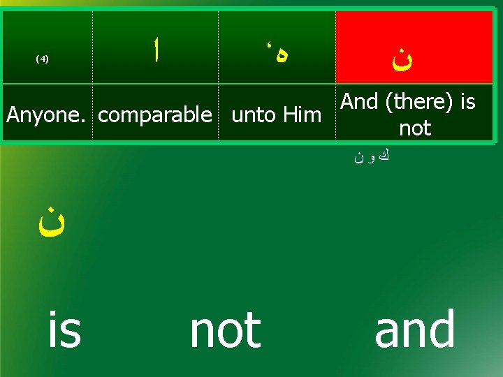 (4) ، ﻩ ﺍ ﻥ And (there) is Anyone. comparable unto Him not ﻙﻭﻥ