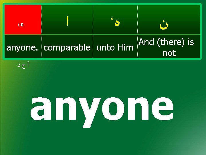 (4) ﺍ ، ﻩ ﻥ And (there) is anyone. comparable unto Him not ﺃﺡﺩ