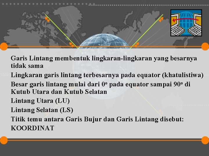 Garis Lintang membentuk lingkaran-lingkaran yang besarnya tidak sama Lingkaran garis lintang terbesarnya pada equator