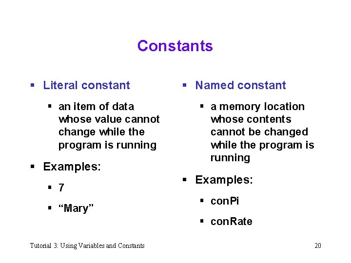 Constants § Literal constant § an item of data whose value cannot change while