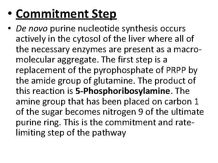  • Commitment Step • De novo purine nucleotide synthesis occurs actively in the