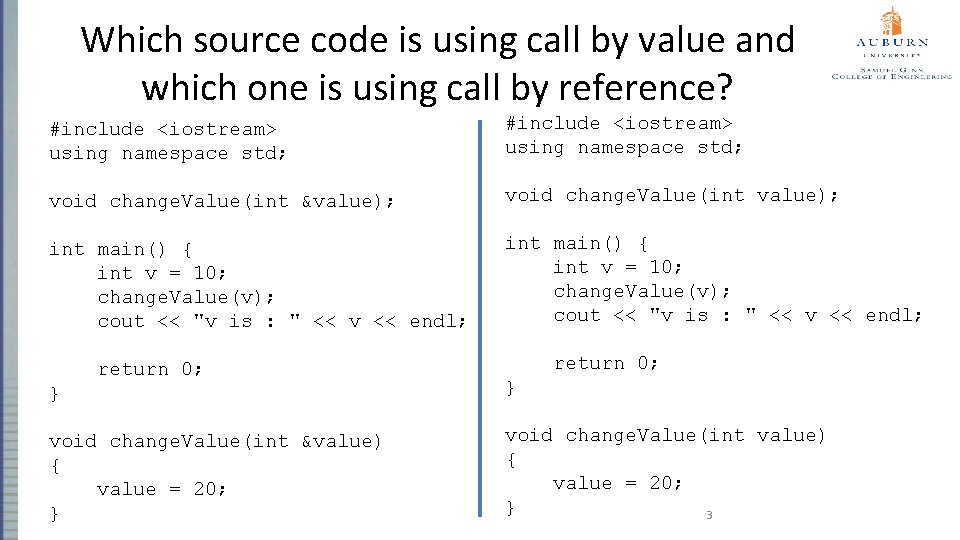 Which source code is using call by value and which one is using call