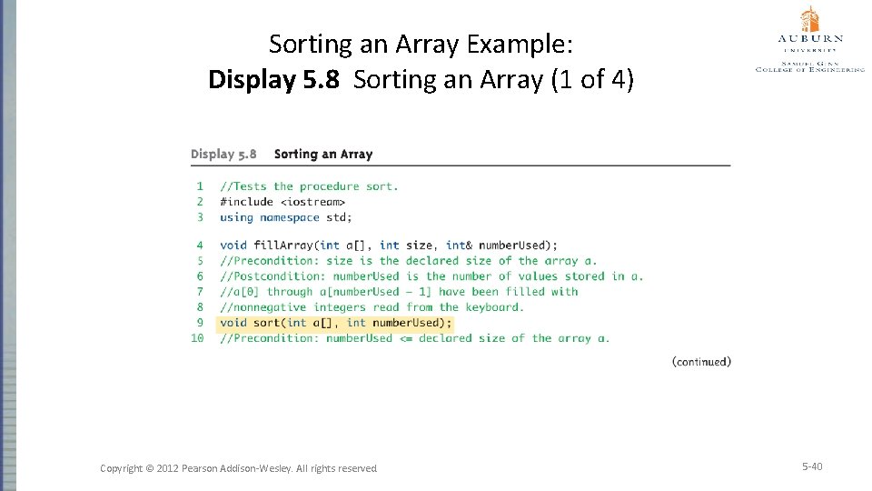 Sorting an Array Example: Display 5. 8 Sorting an Array (1 of 4) Copyright