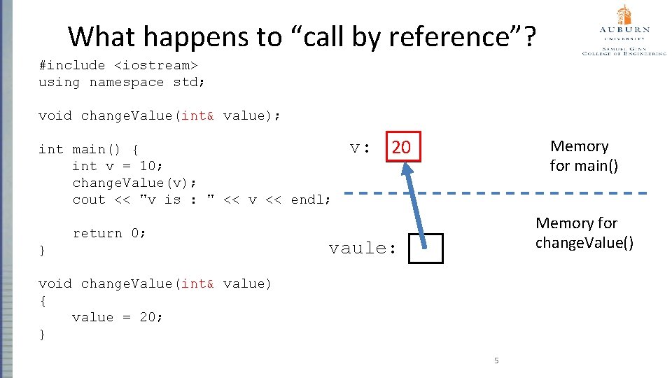 What happens to “call by reference”? #include <iostream> using namespace std; void change. Value(int&