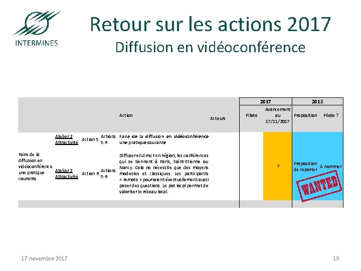 Retour sur les actions 2017 Diffusion en vidéoconférence 2017 Action Acteurs Pilote 2018 Avancement