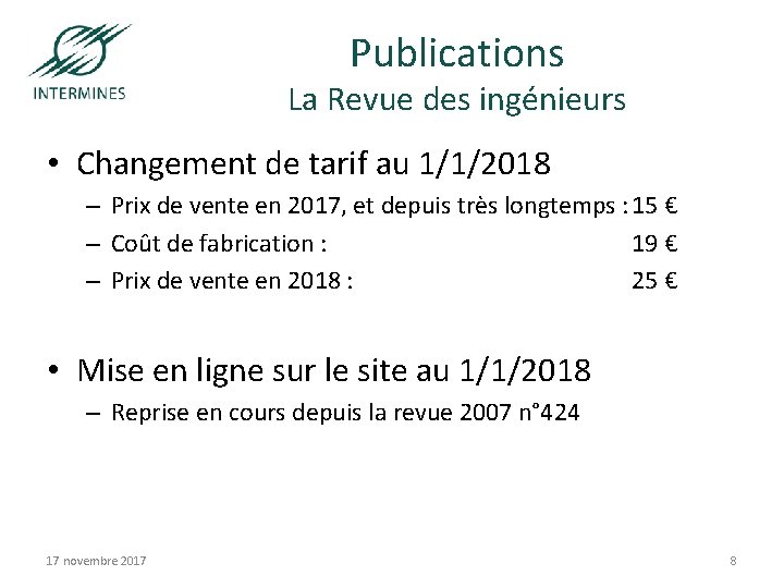 Publications La Revue des ingénieurs • Changement de tarif au 1/1/2018 – Prix de