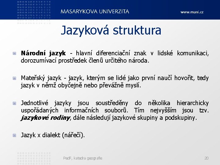 Jazyková struktura Národní jazyk - hlavní diferenciační znak v lidské komunikaci, dorozumívací prostředek členů