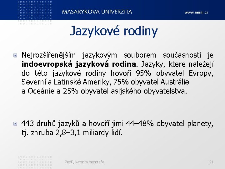 Jazykové rodiny Nejrozšířenějším jazykovým souborem současnosti je indoevropská jazyková rodina. Jazyky, které náležejí do