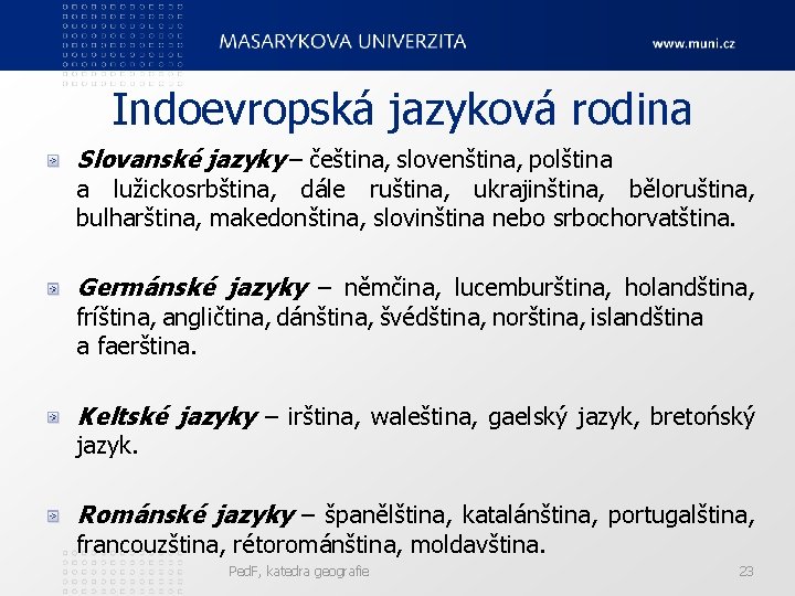 Indoevropská jazyková rodina Slovanské jazyky – čeština, slovenština, polština a lužickosrbština, dále ruština, ukrajinština,