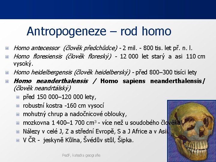 Antropogeneze – rod homo Homo antecessor (člověk předchůdce) - 2 mil. - 800 tis.