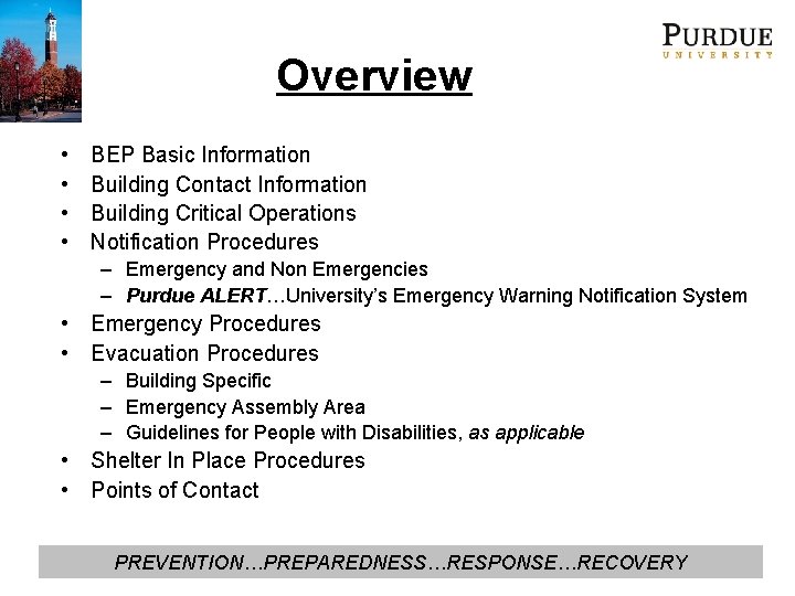 Overview • • BEP Basic Information Building Contact Information Building Critical Operations Notification Procedures