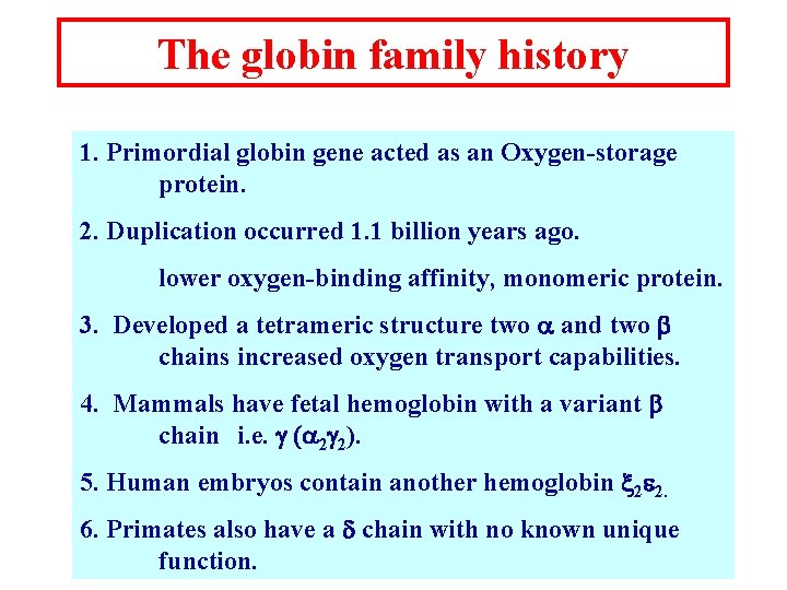 The globin family history 1. Primordial globin gene acted as an Oxygen-storage protein. 2.