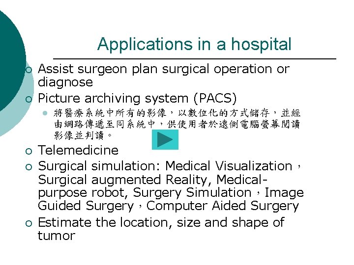 Applications in a hospital ¡ ¡ Assist surgeon plan surgical operation or diagnose Picture