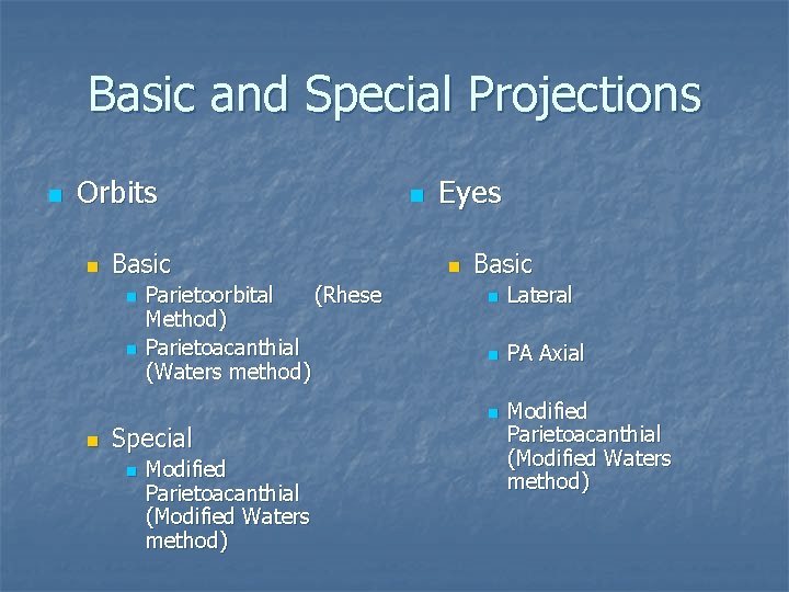 Basic and Special Projections n Orbits n Basic n n n Parietoorbital (Rhese Method)