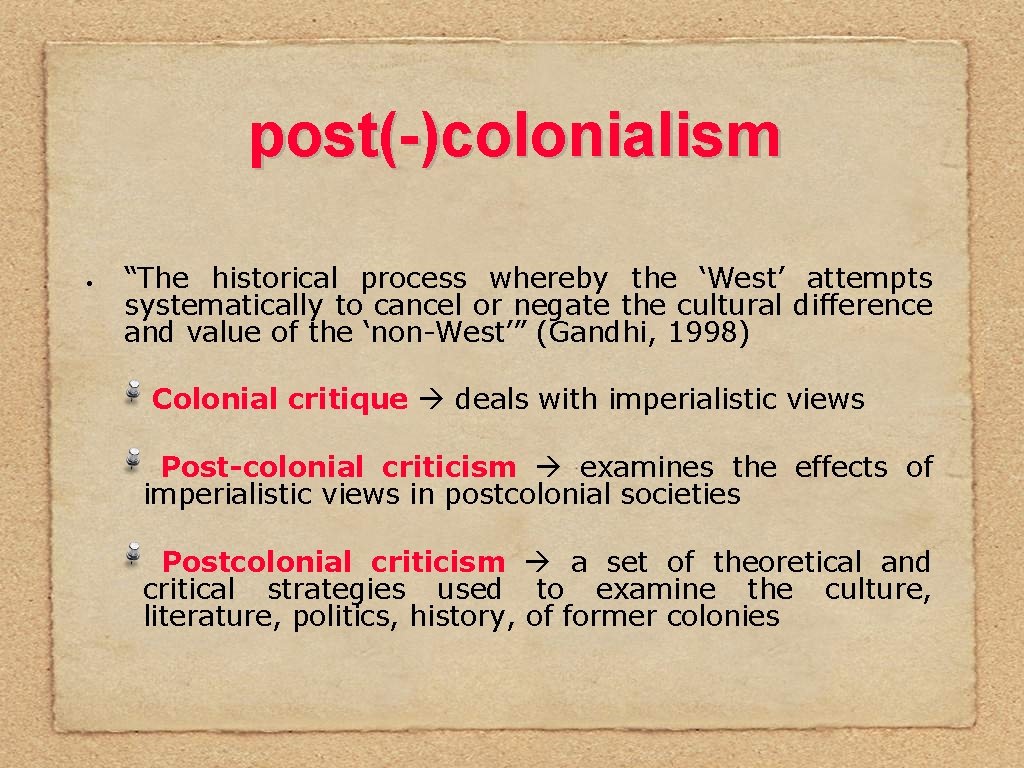 post(-)colonialism • “The historical process whereby the ‘West’ attempts systematically to cancel or negate
