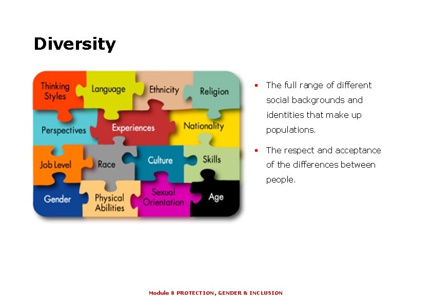 Diversity § The full range of different social backgrounds and identities that make up
