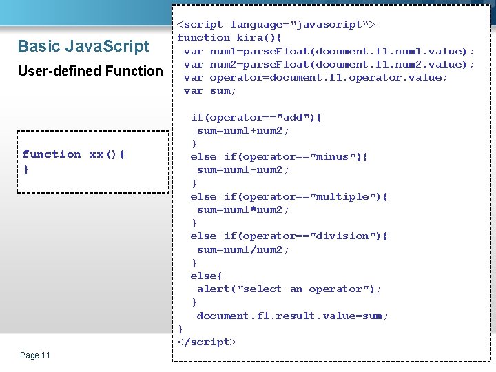 Basic Java. Script User-defined Function function xx(){ } <script language="javascript“> function kira(){ var num