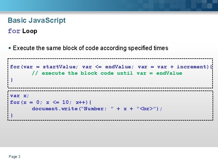 Basic Java. Script for Loop § Execute the same block of code according specified