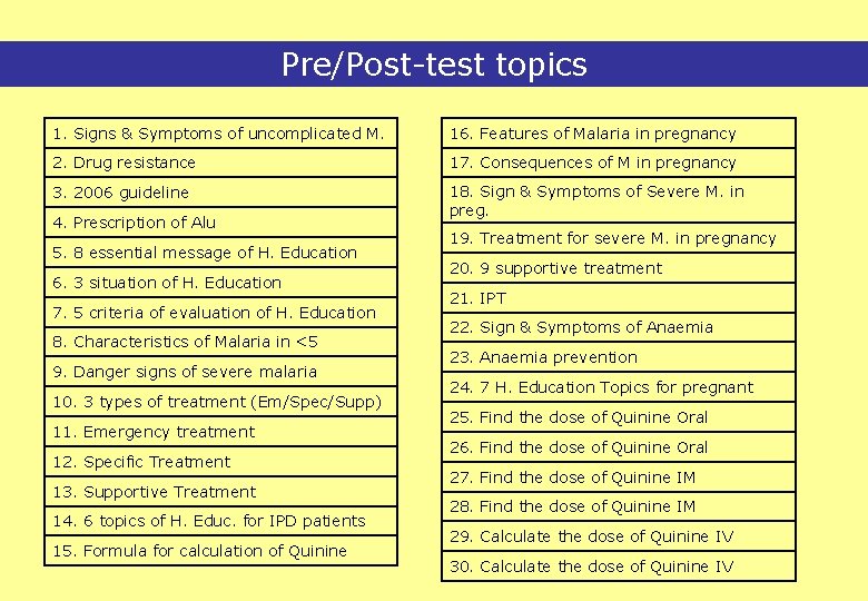 Pre/Post-test topics 1. Signs & Symptoms of uncomplicated M. 16. Features of Malaria in