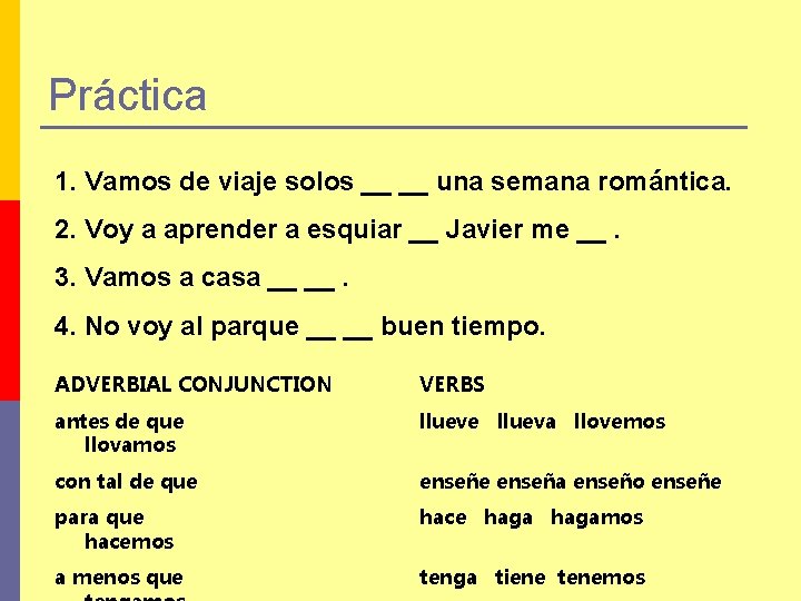 Práctica 1. Vamos de viaje solos __ __ una semana romántica. 2. Voy a