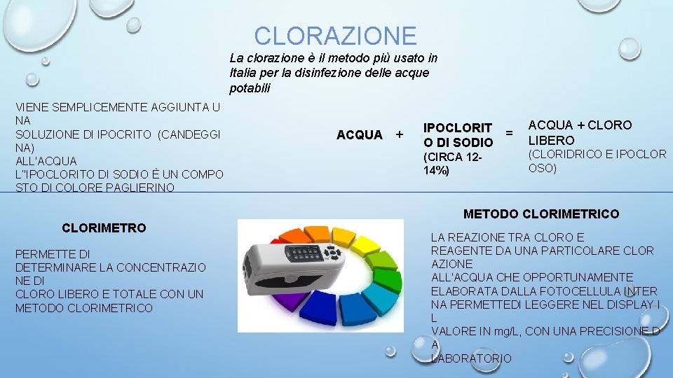 CLORAZIONE La clorazione è il metodo più usato in Italia per la disinfezione delle