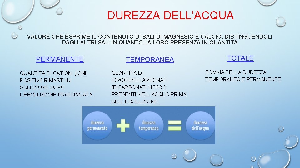 DUREZZA DELL’ACQUA VALORE CHE ESPRIME IL CONTENUTO DI SALI DI MAGNESIO E CALCIO, DISTINGUENDOLI