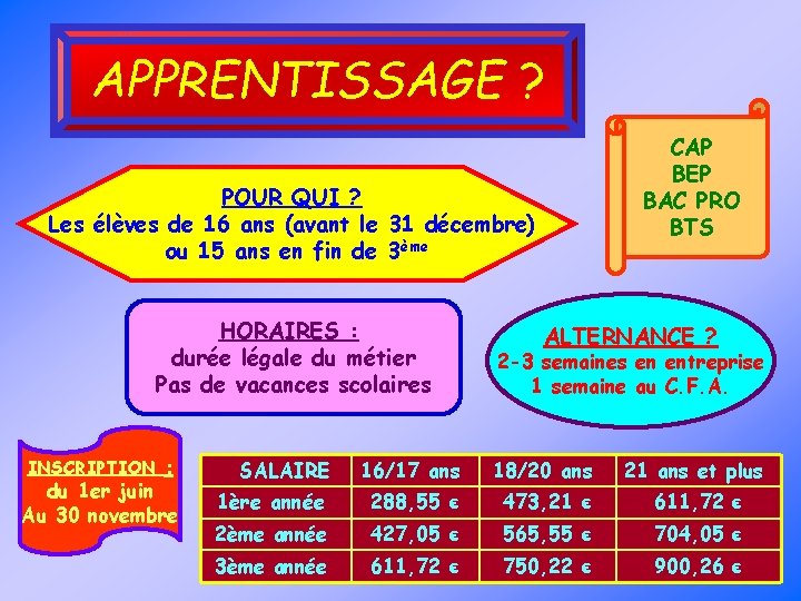 APPRENTISSAGE ? CAP BEP BAC PRO BTS POUR QUI ? Les élèves de 16