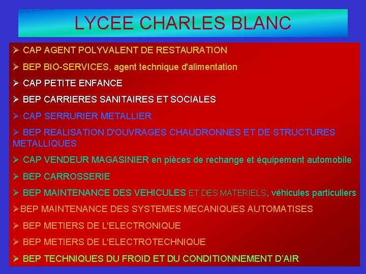 LYCEE CHARLES BLANC Ø CAP AGENT POLYVALENT DE RESTAURATION Ø BEP BIO-SERVICES, agent technique