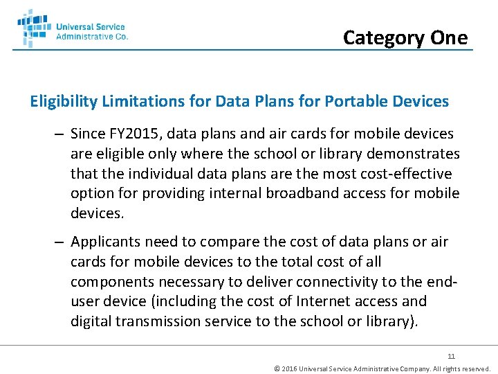 Category One Eligibility Limitations for Data Plans for Portable Devices – Since FY 2015,