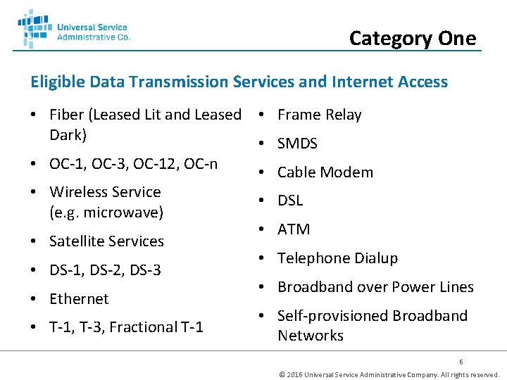 Category One Eligible Data Transmission Services and Internet Access • Fiber (Leased Lit and