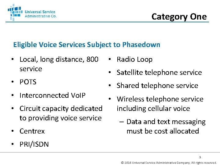 Category One Eligible Voice Services Subject to Phasedown • Local, long distance, 800 service