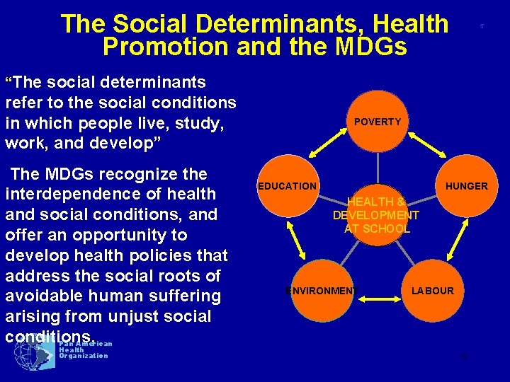 The Social Determinants, Health Promotion and the MDGs social determinants refer to the social