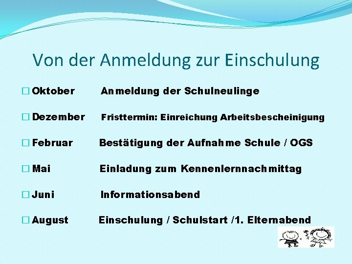 Von der Anmeldung zur Einschulung � Oktober Anmeldung der Schulneulinge � Dezember Fristtermin: Einreichung