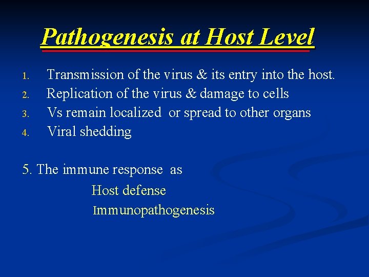 Pathogenesis at Host Level 1. 2. 3. 4. Transmission of the virus & its
