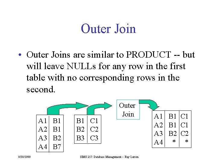 Outer Join • Outer Joins are similar to PRODUCT -- but will leave NULLs
