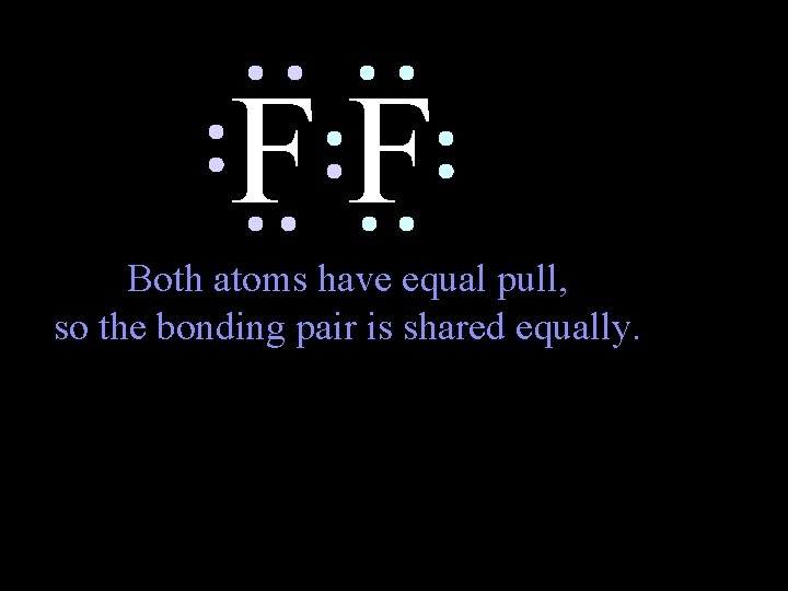 FF Both atoms have equal pull, so the bonding pair is shared equally. 