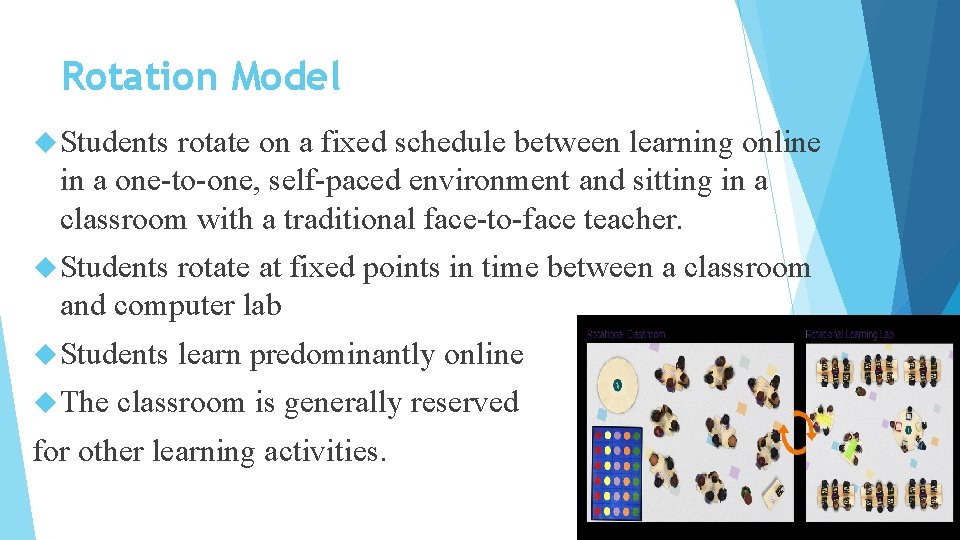 Rotation Model Students rotate on a fixed schedule between learning online in a one-to-one,