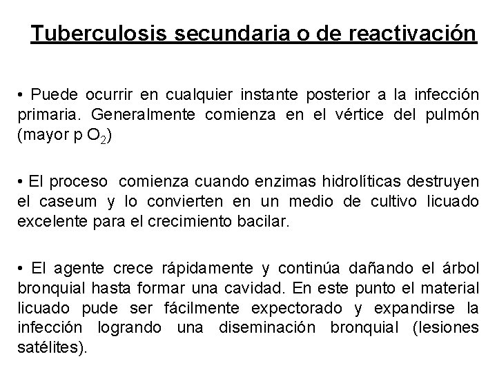 Tuberculosis secundaria o de reactivación • Puede ocurrir en cualquier instante posterior a la