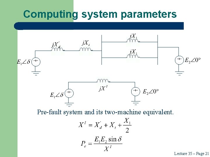 Computing system parameters Pre-fault system and its two-machine equivalent. Lecture 35 – Page 21
