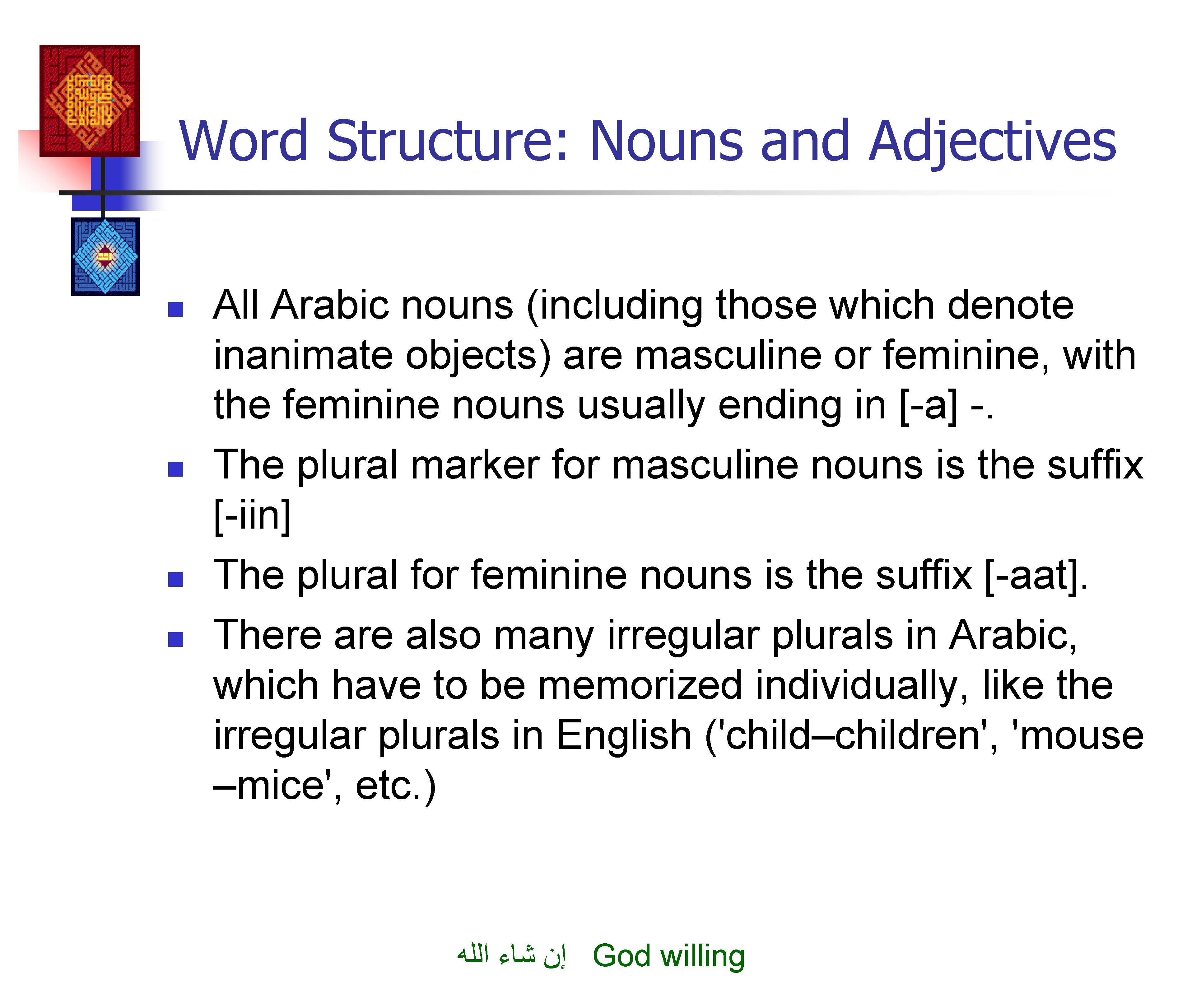 Word Structure: Nouns and Adjectives n n All Arabic nouns (including those which denote