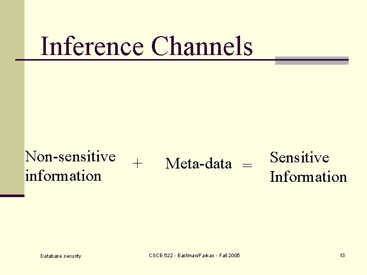 Inference Channels Non-sensitive information Database security + Meta-data = CSCE 522 - Eastman/Farkas -