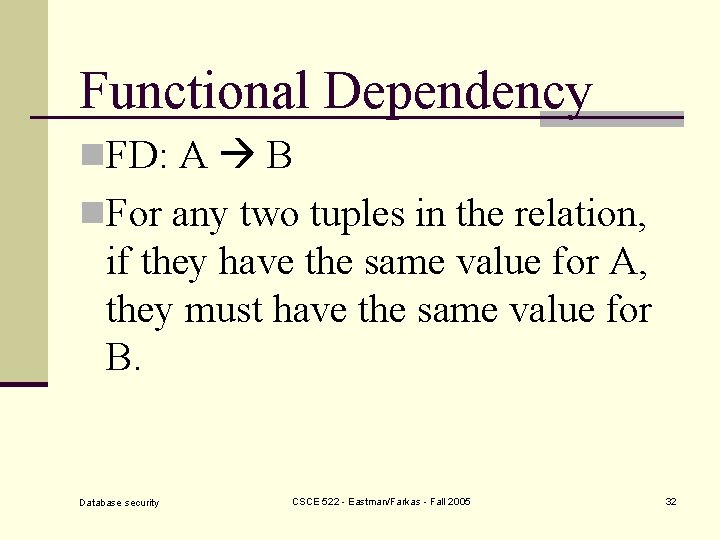 Functional Dependency n. FD: A B n. For any two tuples in the relation,