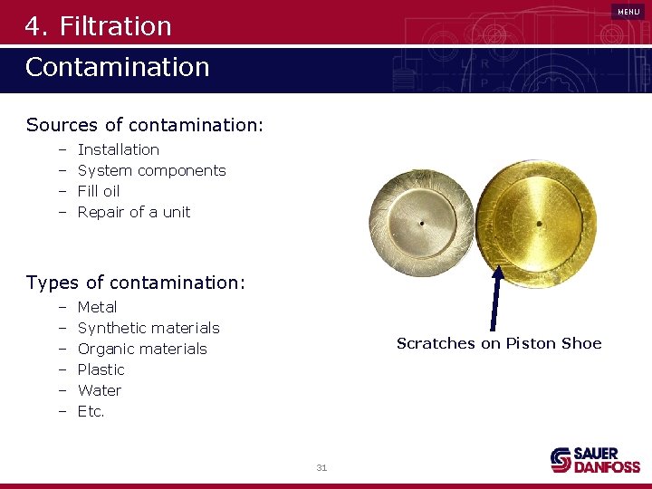 MENU 4. Filtration Contamination Sources of contamination: – – Installation System components Fill oil