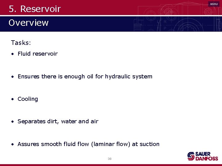 MENU 5. Reservoir Overview Art der Filterung Tasks: • Fluid reservoir • Ensures there