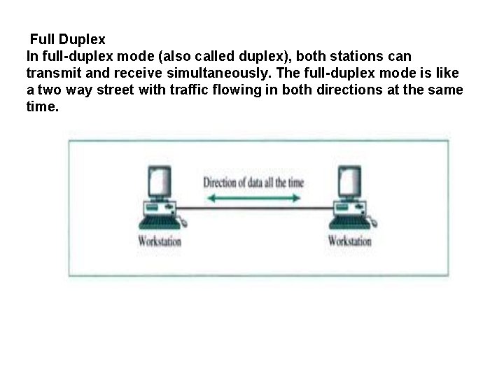 Full Duplex In full-duplex mode (also called duplex), both stations can transmit and receive