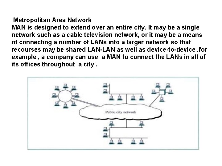 Metropolitan Area Network MAN is designed to extend over an entire city. It may