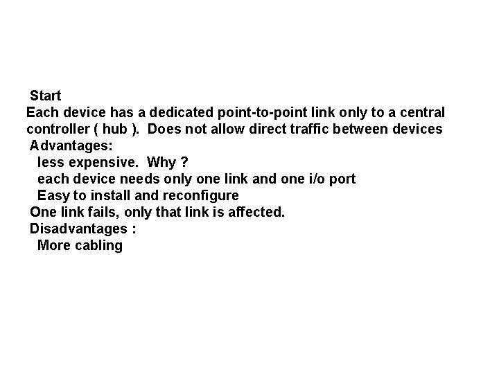 Start Each device has a dedicated point-to-point link only to a central controller (